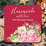 Poinsettia Homemade Food Treat Christmas Baking Square Sticker<br><div class="desc">Homemade with love personalized square stickers feature modern,  elegant winter flowers and a pink poinsettia with your name and greeting in chic lettering. All text,  fonts,  font colors can be modified,  just click the "customize further" link. MATCHING items in our store.</div>