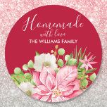 Poinsettia Homemade With Love Christmas Baking Classic Round Sticker<br><div class="desc">Homemade with love personalized round stickers feature modern,  elegant winter flowers and a pink poinsettia with your name and greeting in chic lettering. All text,  fonts,  font colors can be modified,  just click the "customize further" link. MATCHING items in our store.</div>