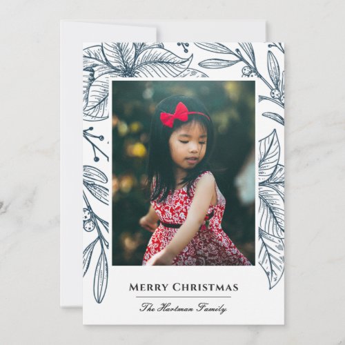 Poinsettia Imprint Elegant Blue Photo Holiday Card