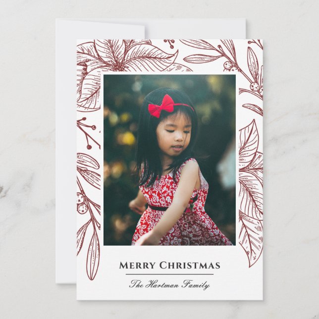 Poinsettia Imprint Elegant Red Photo Holiday Card (Front)