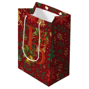 Poinsettia, Initial B Letter Reindeer Medium Gift Bag
