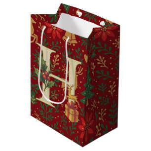 Poinsettia, Initial H Letter White Medium Gift Med Bag