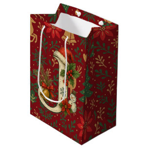 Poinsettia, Initial J Letter White Medium Gift Med Bag