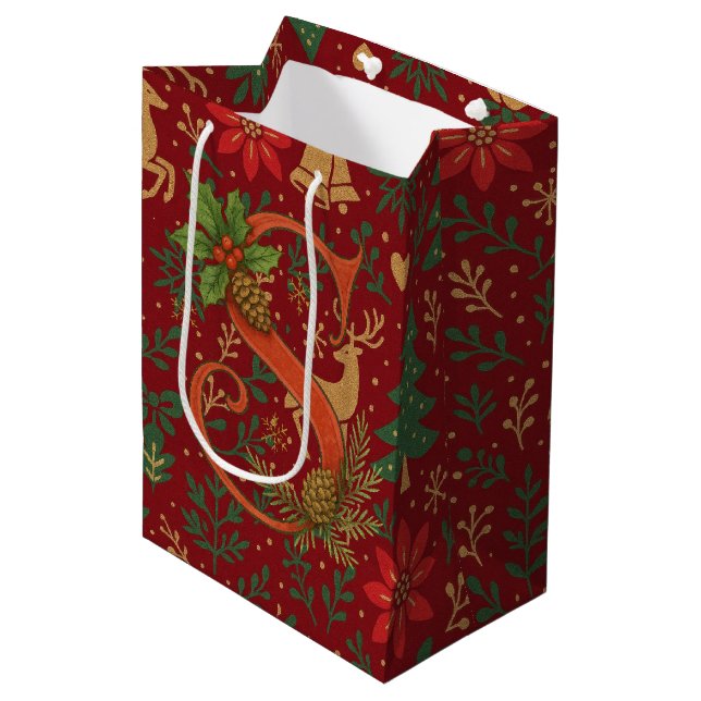 Poinsettia, Initial S Letter Reindeer Medium Gift  Bag (Front Angled)