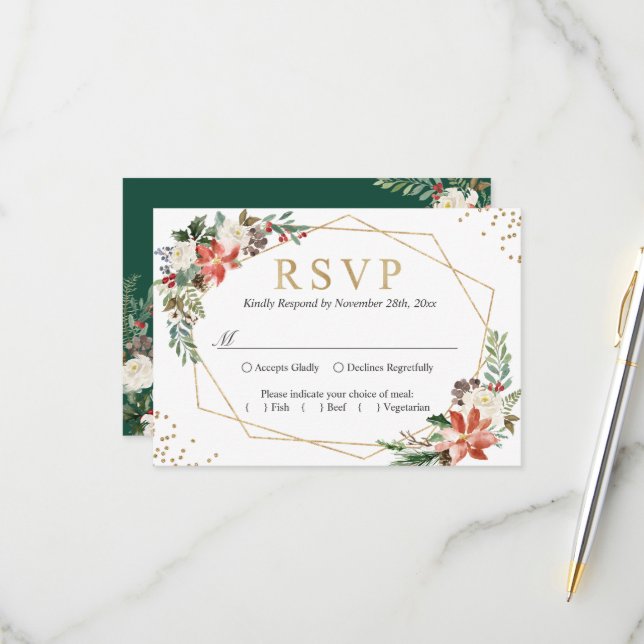 Poinsettia Ivory Floral Geometric Gold Frame RSVP (Front/Back In Situ)