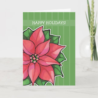 Poinsettia Joy green stripes Holiday Card