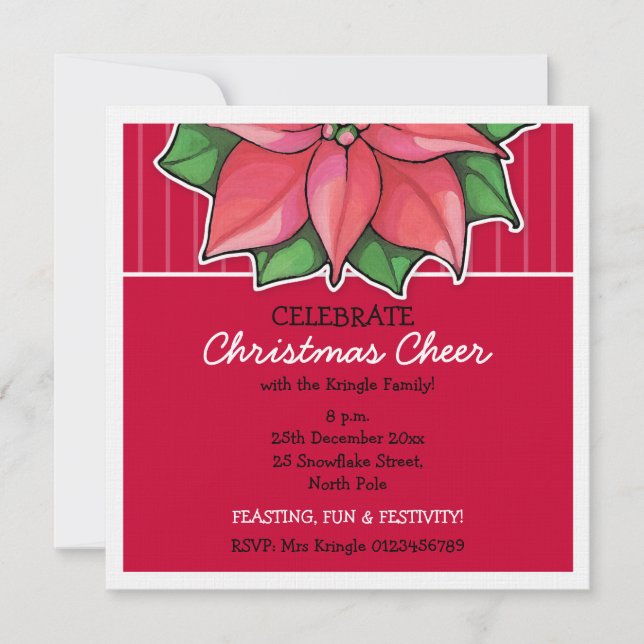 Poinsettia Joy red Stripes Christmas Invitation (Front)