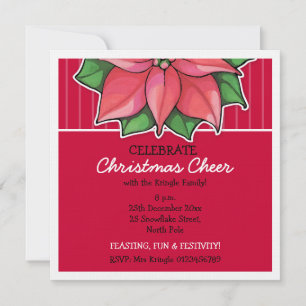 Poinsettia Joy red Stripes Christmas Invitation