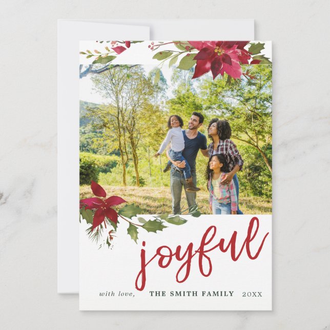 Poinsettia Joyful Christmas Photo Holiday Card (Front)