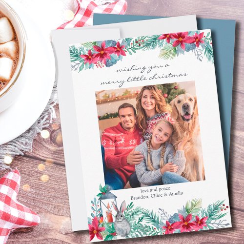 Poinsettia Lantern Casual Script Christmas Photo Holiday Card