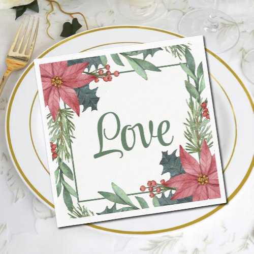 Poinsettia Love Red Floral Christmas Wedding  Napkins