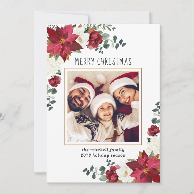 Poinsettia Magnolia Floral Modern Photo Christmas Holiday Card (Front)