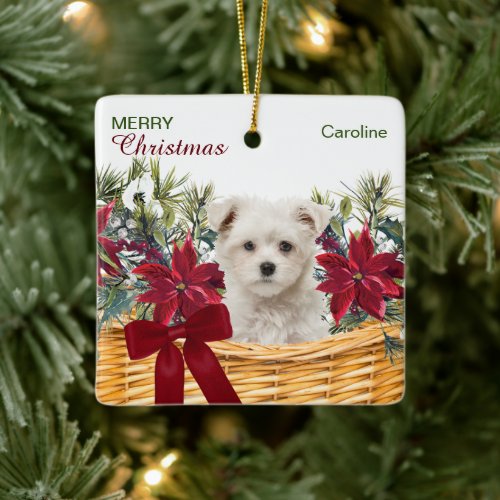 Poinsettia Maltese Puppy Christmas Basket Ceramic Ornament