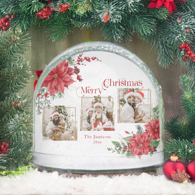 Poinsettia & Merry Christmas 3-Photo Snow Globe (Creator Uploaded)