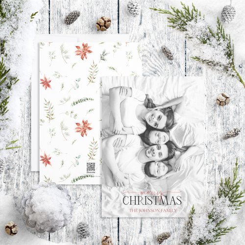 Poinsettia Merry Christmas Black  White Photo Hol Holiday Card