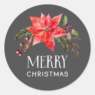 Poinsettia Merry Christmas Botanical Classic Round Sticker