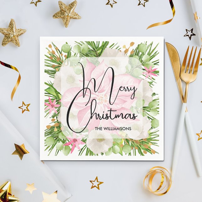 Poinsettia Merry Christmas Party Napkins (Pink Poinsettia Merry Christmas Party Napkins)