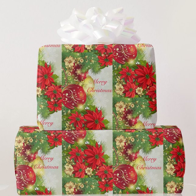 Poinsettia Merry Christmas Red Green Gift Wrapping Paper (Creator Uploaded)