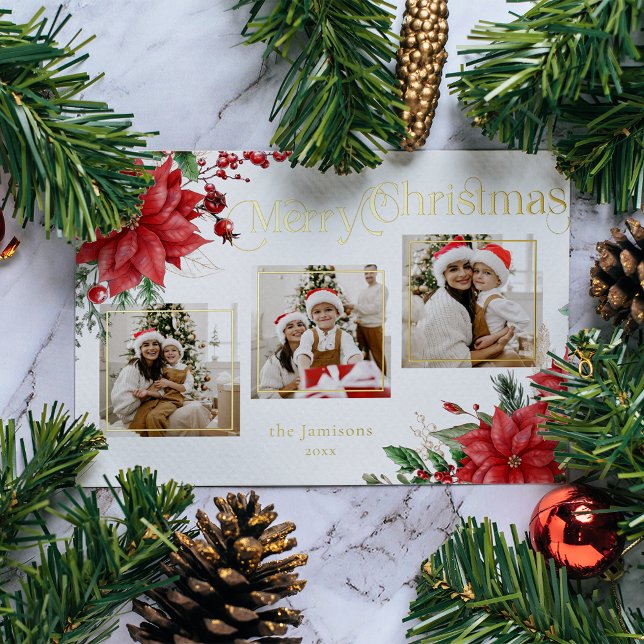 Poinsettia & Merry Christmas Typography 3-Photo Foil Holiday Card (Creator Uploaded)