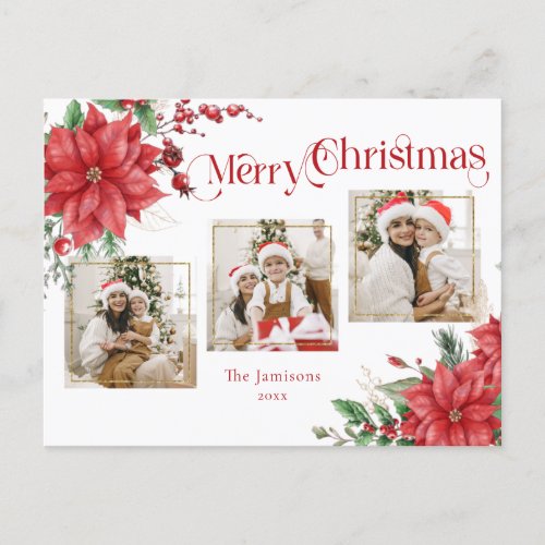 Poinsettia  Merry Christmas Typography 3_Photo Holiday Postcard