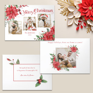Poinsettia & Merry Christmas Typography 3-Photo Tri-Fold Holiday Card