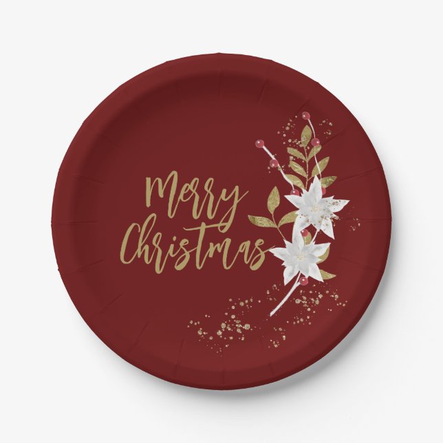  Poinsettia Merry Christmas White Burgundy Elegant Paper Plates (Front)