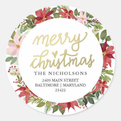 Poinsettia Merry Christmas Wreath  Return Address Classic Round Sticker