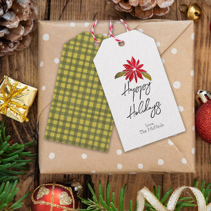 Poinsettia Minimal Green Gingham Merry Christmas Gift Tags