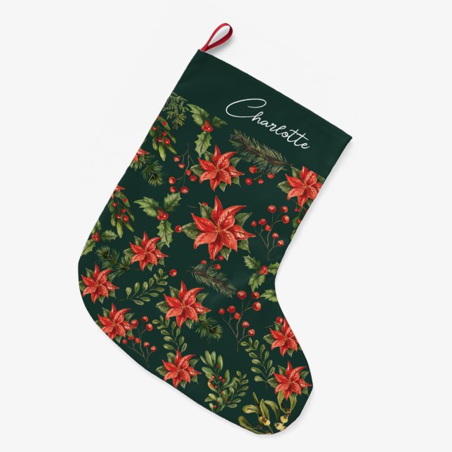 Poinsettia Mistletoe Christmas Floral Large Christmas Stocking (Front (Hanging))