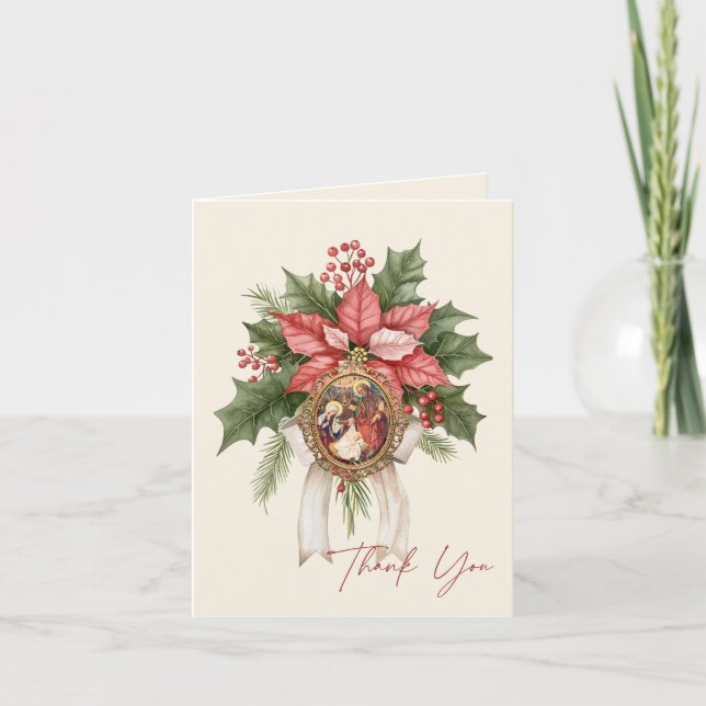 Poinsettia Nativity of Jesus Religious Scripture Holiday Card (Front)