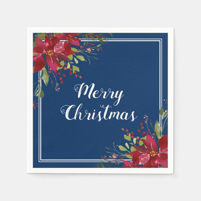 Poinsettia Navy Blue Merry Christmas Holiday Napkins (Front)