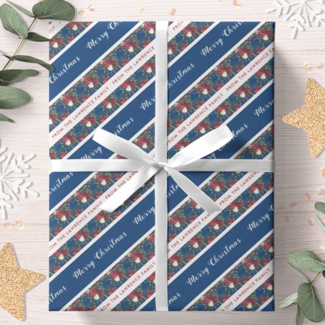 Poinsettia Navy Blue Personalized Merry Christmas Wrapping Paper (Creator Uploaded)
