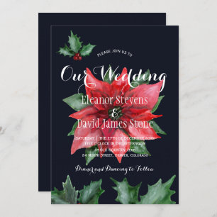 Poinsettia navy red winter elegant wedding invitation