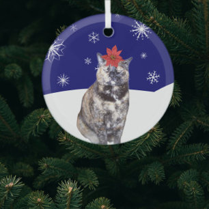 Poinsettia on Tortoiseshell Cat with Snowy Hills Glass Ornament