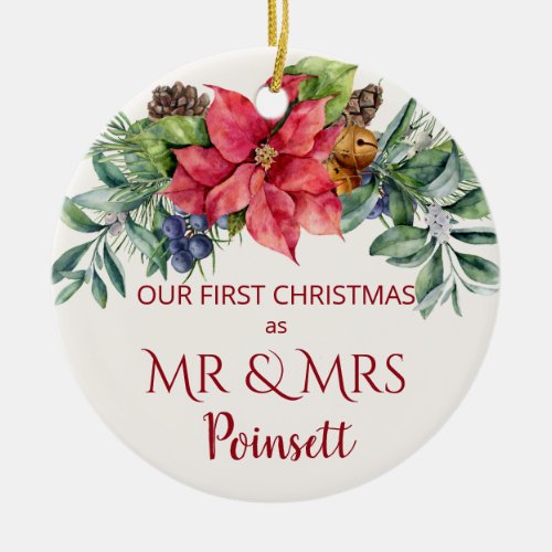 Poinsettia Our 1st Christmas as Mr  Mrs Photo Ceramic Ornament