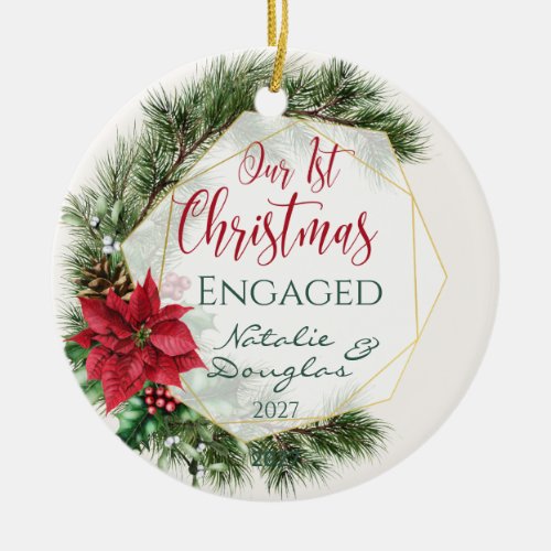 Poinsettia Our 1st Christmas Engaged Photo Ceramic Ornament