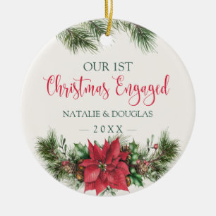Poinsettia, Our 1st Christmas Engaged Photo Ceramic Ornament