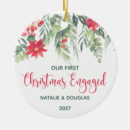 Poinsettia Our 1st Christmas Engaged Photo Ceramic Ornament