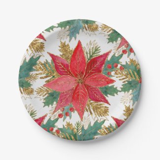 Poinsettia Party Watercolor Paper Plates 7"