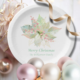 Poinsettia Pastel Elegant Christmas Pink Sage Paper Plates