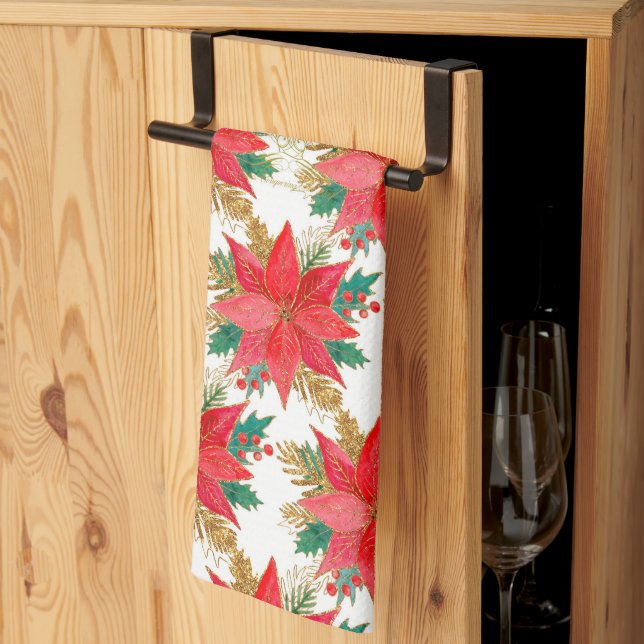 Poinsettia pattern kitchen towel (Thirds Fold)