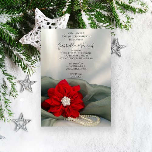 Poinsettia Pearls Green Winter Post Wedding Brunch Invitation