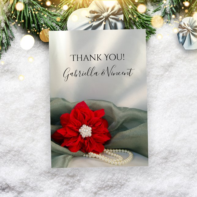 Poinsettia Pearls Green Winter Wedding Thank You Card (Show appreciation after your December event with the Poinsettia and Pearls Wedding Thank You Note.)