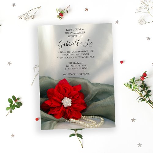 Poinsettia Pearls on Green Winter Bridal Shower Invitation