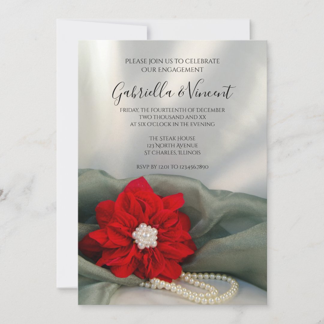 Poinsettia Pearls on Green Winter Engagement Party Invitation Zazzle