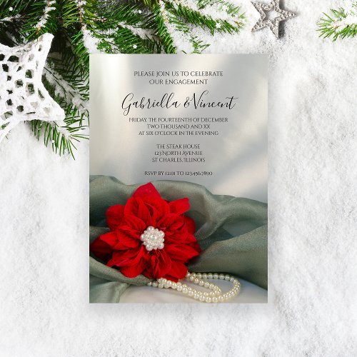 Poinsettia Pearls on Green Winter Engagement Party Invitation