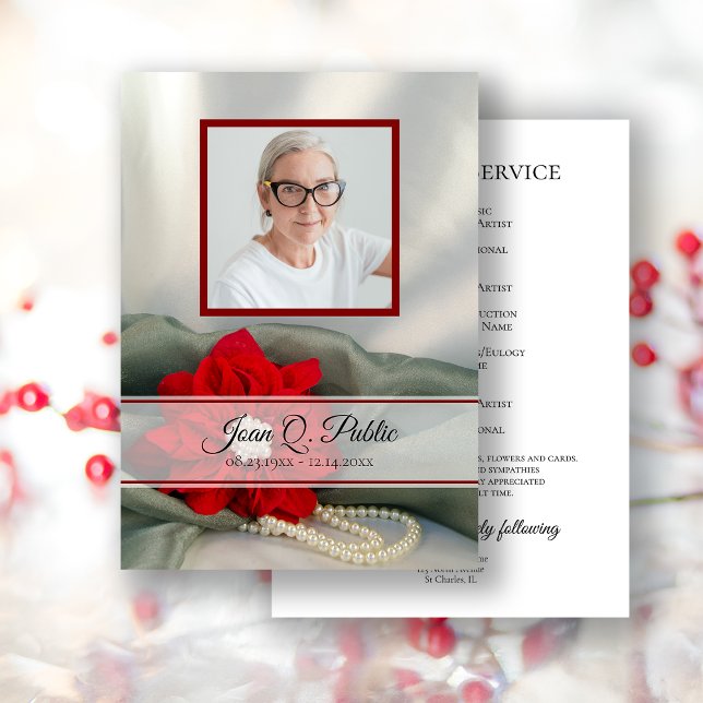 Poinsettia Pearls Winter Funeral Service Memorial Program (Creator Uploaded)