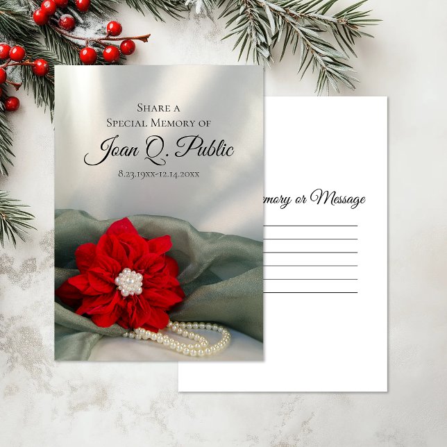 Poinsettia Pearls Winter Share a Memory Funeral  Note Card (Creator Uploaded)