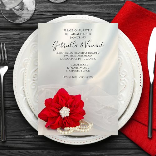 Poinsettia Pearls Winter Wedding Rehearsal Dinner Invitation