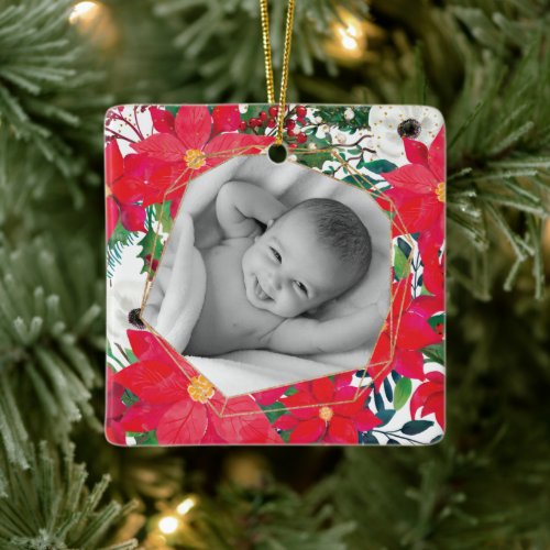 Poinsettia Photo Frame First Time Grandparents Ceramic Ornament